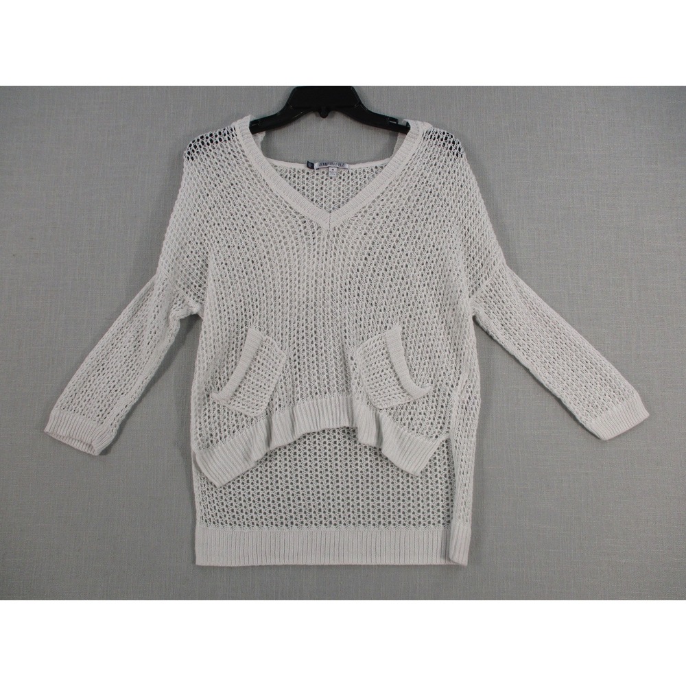 Jennifer Lopez White Open Knit Hooded Sweater V-Neck High-Low Womens Medium